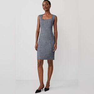 New Ann Taylor The Square Neck Sheath Dress in Plaid Navy Blue Sz 8 Career Work
